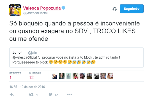 Valesca explica bloqueio a fã no Instagram (Foto: Reprodução/Twitter)