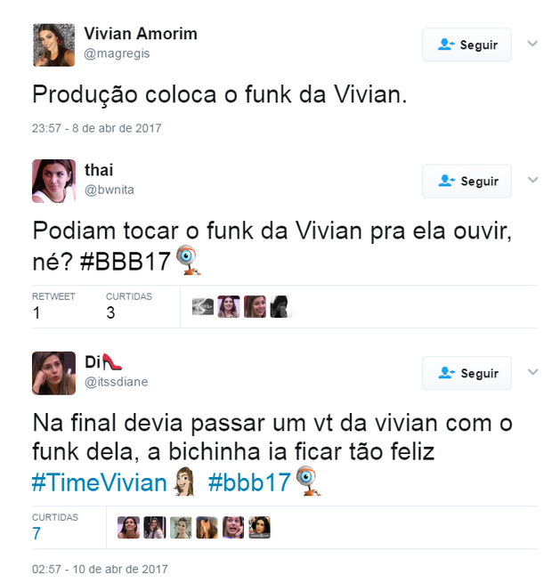 Torcida fala sobre funk de Vivian do BBB 17 (Foto: Reprodução/Twitter)