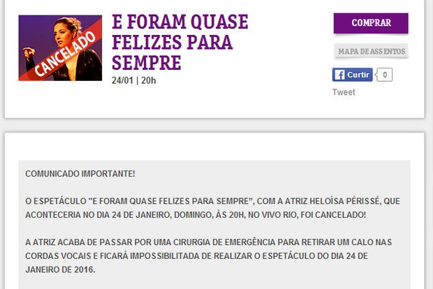 Comunicado sobre o cancelamento da peça de Heloísa Périssé, no Rio de Janeiro (Foto: Reprodução/Internet)