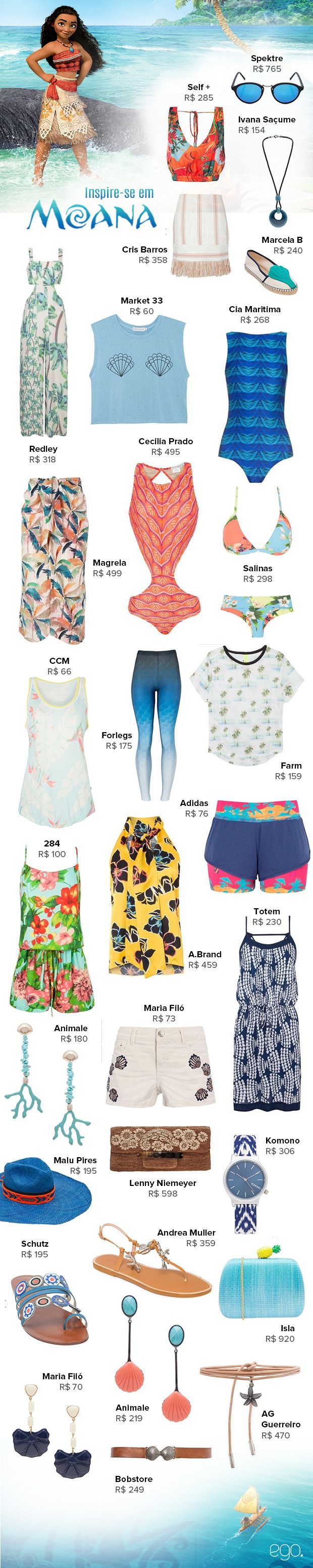 A.Brand, A. Guerreiro, Andrea Muller, Animale, Adidas, CCM, CeciliA Prado, Bobstore , Cia Marítima, Cris Barros, Farm, Magrela, Maria Filó, Market 33, Redley, Salinas, Self+, Totem, Isla, Ivana Saçume, Komono, Lenny Niemeyer, Malu pires, Marcela B, Schutz (Foto: EGO)