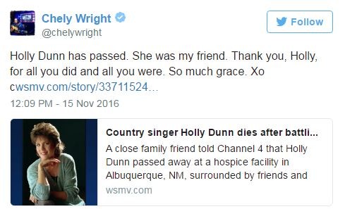 Chely Wright sobre morte de Holly Dunn (Foto: Reprodução / Twitter)