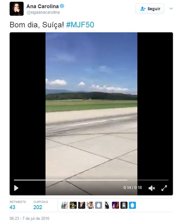 Ana Carolina compartilha vídeo em seu perfil no Twitter chegando na Suíça (Foto: Reprodução)