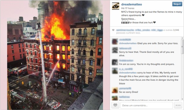 Drea de Matteo posta foto de incêndio em seu prédio (Foto: Instagram / Reprodução)
