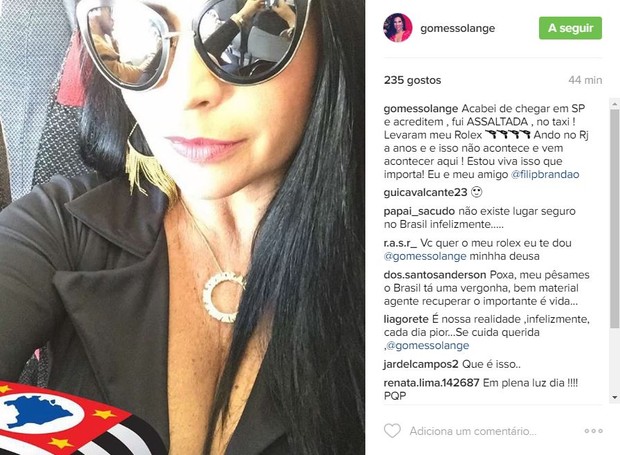 Solange Gomes relata assalto em São Paulo (Foto: Reprodução / Instagram)
