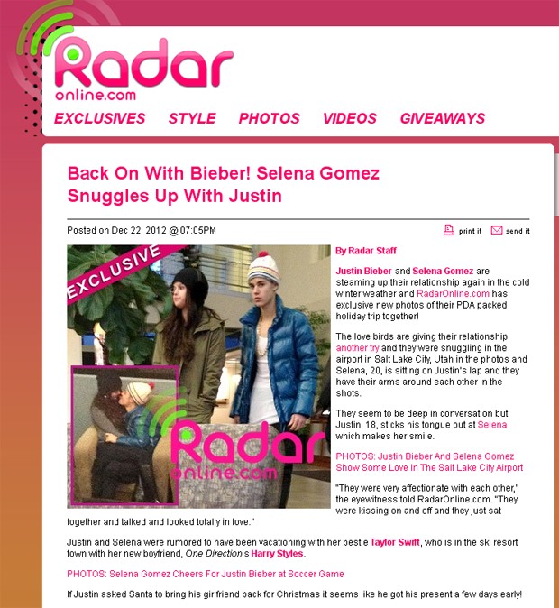 Justin Bieber e Selena Gomez (Foto: Radar Online/Reprodução)