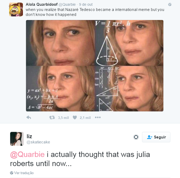 Internauta pensou que Nazaré fosse a atriz Julia Roberts (Foto: Reprodução/Twitter)