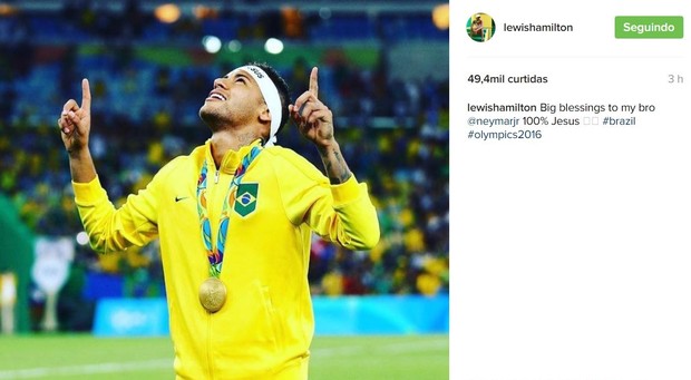 Lewis Hamilton parabeniza Neymar pela medalha de ouro na Rio 2016 (Foto: Reprodução/Instagram)
