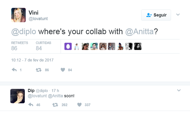 Diplo responde seguidora sobre parceria com Anitta (Foto: Reprodução/Twitter)