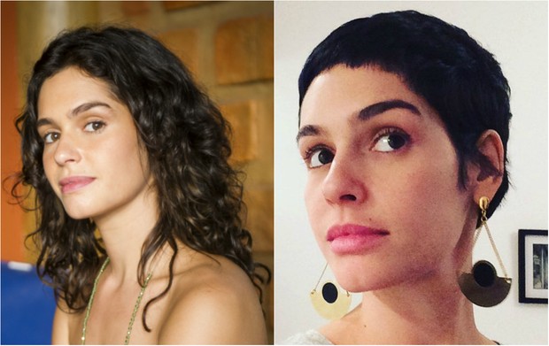 Antes e depois: Maria Flor cortou os cabelos bem curtinhos para viver DJ na novela A Lei do Amor (Foto: TV Globo/Divulgação/Instagram)