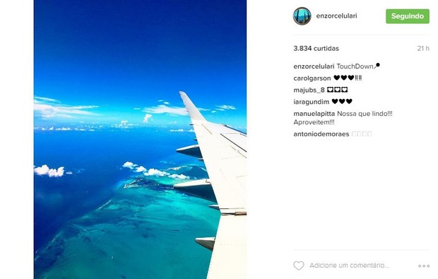 Enzo Celulari posta foto ao chegar a destino de férias (Foto: Reprodução/Instagram)