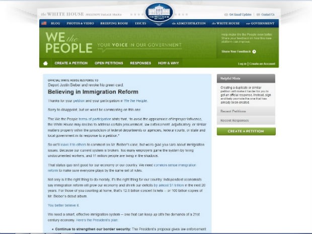 Resposta do governo americano à petição que os cidadãos fizeram para que o green card de Justin Bieber fosse revogado (Foto: Reprodução/site da Casa Branca)