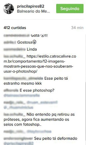 Comentários sobre fotos de Priscila Pires no Instagran (Foto: Reprodução / Instagram)