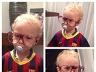 Filho de Neymar posa com uniforme do Barcelona e óculos de nerd