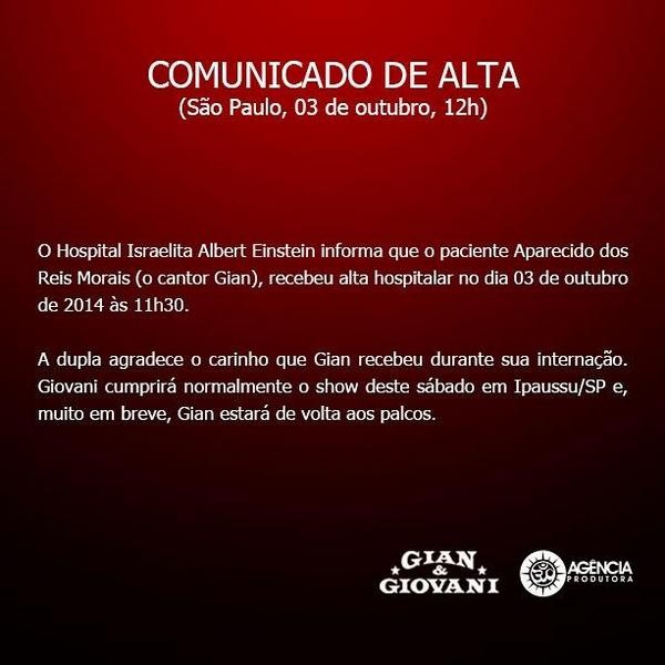 Comunicado de Gian e Giovani (Foto: Reprodução/Twitter)