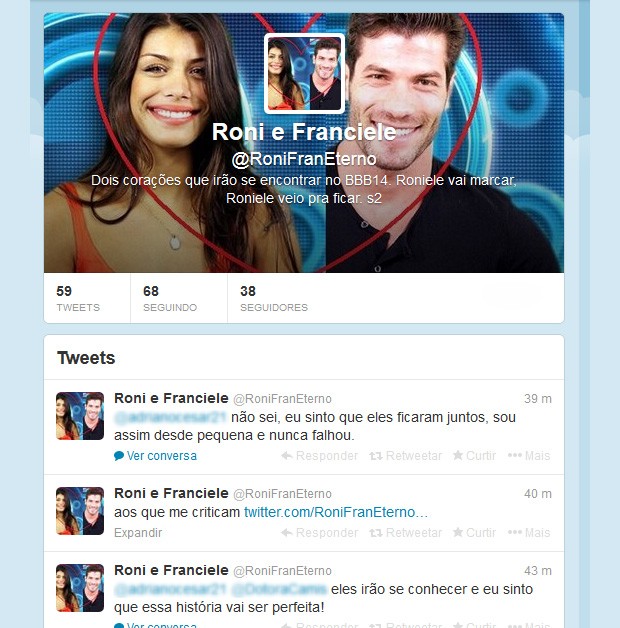 Perfil no Twitter feito para os BBBs Franciele e Roni (Foto: Twitter / Reprodução)