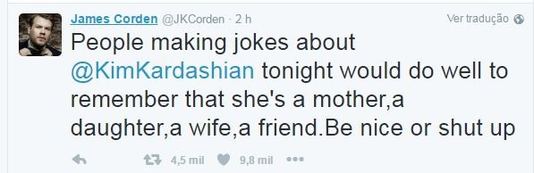 James Corden reclama de piadas sobre violência sofrida por Kim Kardashian (Foto: Reprodução/Twitter)