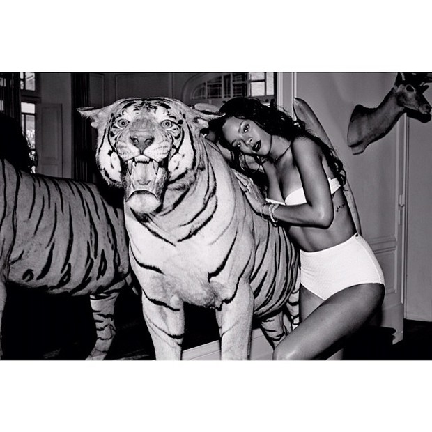 Rihanna faz pose sexy ao lado de estátua de tigre (Foto: Instagram)