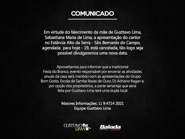 Nota da imprensa sobre cancelamento de show de Gusttavo Lima (Foto: Reprodução / Facebook)