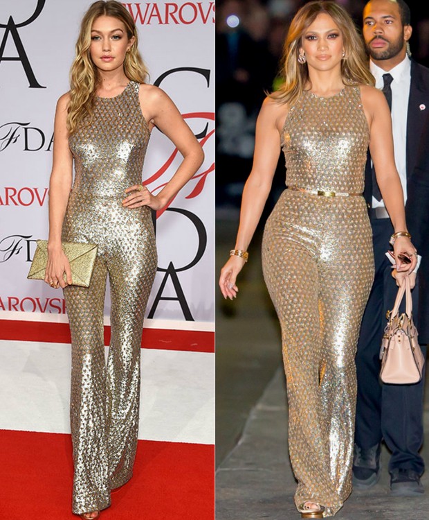 Gigi Hadid e Jennifer Lopez com o mesmo macacão dourado: Quem vestiu melhor? (Foto: AFP | Getty Images)