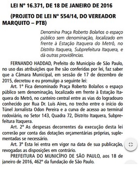 Decreto transforma Roberto Bolaños em nome de praça em São Paulo (Foto: Reprodução Diário Oficial)