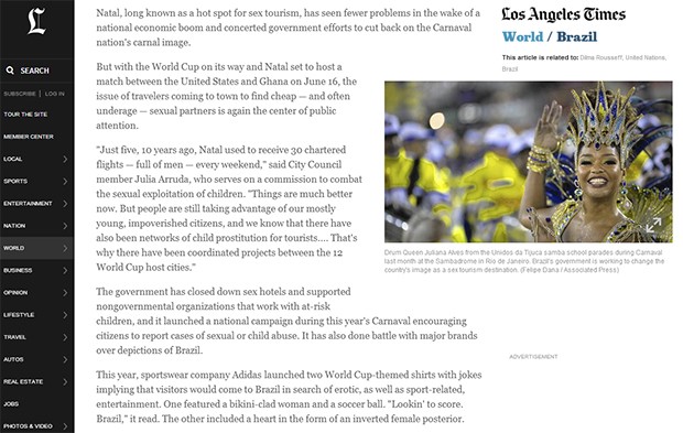 Notícia sobre o Brasil no Los Angeles Time com foto de Juliana Alves (Foto: Reprodução / Los Angeles Time)