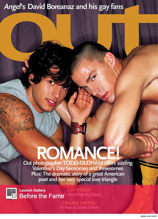 Channing Tatum na capa da revista ao lado de modelo (Foto: Divulgação / Revista OUT  )