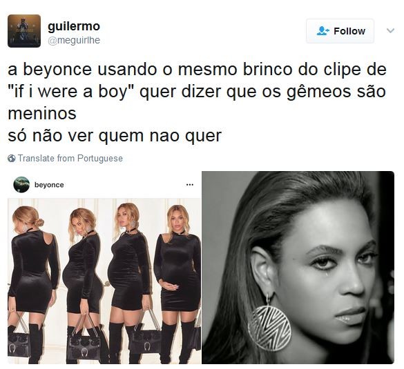 Fãs acreditam que Beyoncé deu dica sobre sexo dos filhos gêmeos (Foto: Twitter / Reprodução)