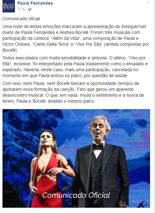 Comunicado na página de Facebook de Paula Fernandes após falha em show de Andrea Bocelli (Foto: Reprodução/Facebook)