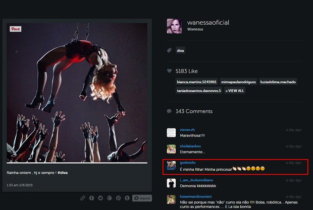 Zilu comenta na foto de Wanessa (Foto: Reprodução/ Instagram)