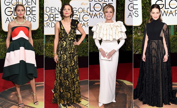 Top 10 Globo de Ouro 2016 - Dividiram opiniões - Olivia Palermo, Maggie Gyllenhaal, Jane Fonda e Emilia Clarke (Foto: AFP)
