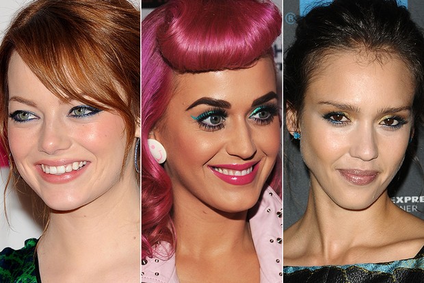 Delineador colorido - Emma Stone, Katy Perry e Jessica Alba (Foto: Getty Images)