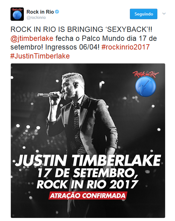 Rock in Rio confirma vinda de Justin Timberlake ao Brasil (Foto: Reprodução/Twitter)