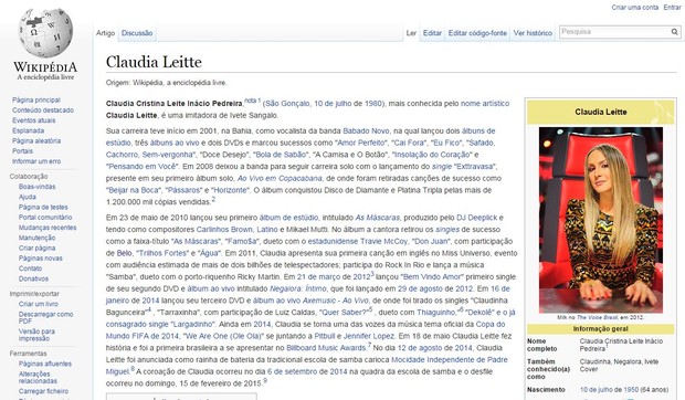 Página de Claudia Leitte na Wikipédia (Foto: Reprodução)