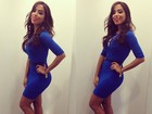 De vestido justo, Anitta grava programa de TV de Portugal