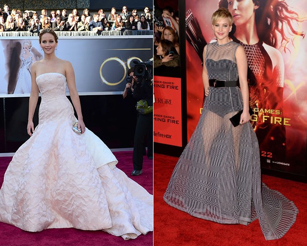 Jennifer Lawrence no Oscar 2013 e na pré-estreia de Jogos Vorazes (Foto: AFP / Agência)