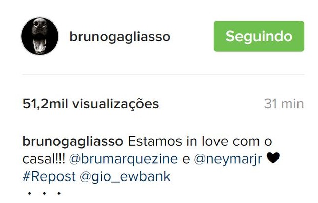 Bruno Gagliasso declara torcida por Neymar e Bruna Marquezine (Foto: Reprodução/Instagram)