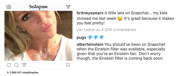 Comentário da conta de Albert Einstein no Instagram de Britney Spears (Foto: Reprodução/Instagram)