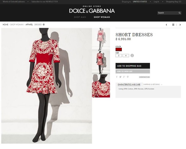 Vestido de Bruna Marquezine custa pouco mais de R$21 mil na loja on line da grife Dolce e Gabanna  (Foto: Reprodução da Internet)