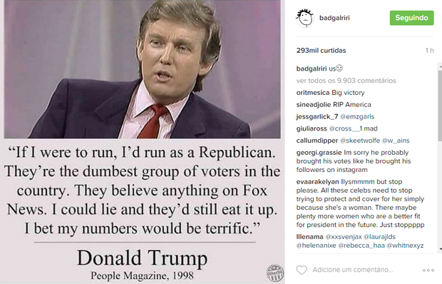Rihanna faz post para lamentar vitório de Trump nos EUA (Foto: Reprodução / Instagram)