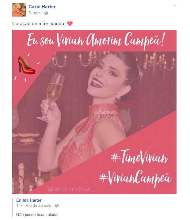 Irmã de Marcos quer Vivian campeã (Foto: Reprodução / Facebook )