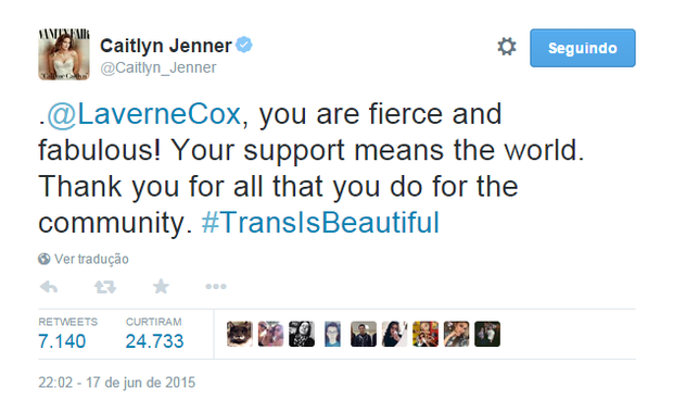 Mensagem de Caitlyn Jenner para Laverne Cox no Twitter (Foto: Reprodução)