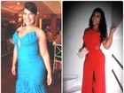 Priscila Pires comemora antes e depois do corpo com looks de gala
