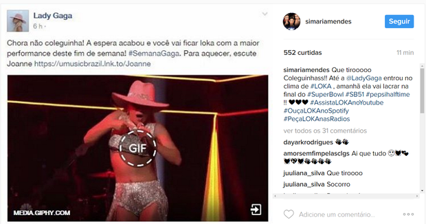 Perfis de Lady Gaga, Simone e Simaria interagem (Foto: Reprodução/Instagram)