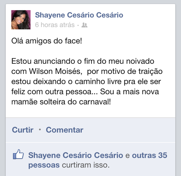 Shayene Cesário anuncia fim de noivado (Foto: Reprodução / Facebook)