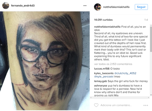 Mia Khalifa critica tatuagem feita por fã brasileiro (Foto: Reprodução/Instagram)