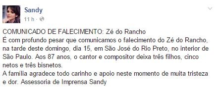 Nota de falecimento do avô de Sandy e Júnior (Foto: Reprodução / Facebook)