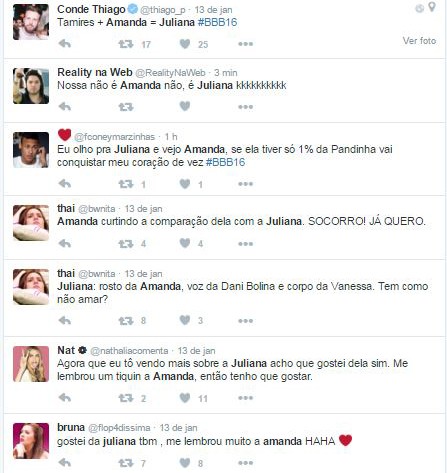 Comentários no twitter comparando Amanda Djehdian, ex-bbb, e Juliana Dias, atual BBB (Foto: Reprodução / Twitter)