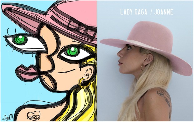 Lady Gaga em desenho feito pelo artista plástico Diego Moura e na capa do CD Joanne (Foto: Divulgação/Um Dedo de Arte)