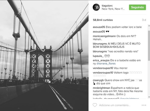 Tiago Iorc faz post em Nova York e fãs pedem encontro (Foto: Reprodução / Instagram)