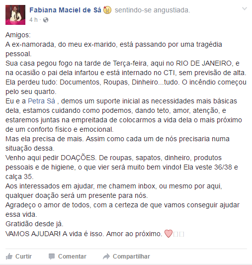 Post de Fabiana Sá no Facebook (Foto: Reprodução / Facebook)